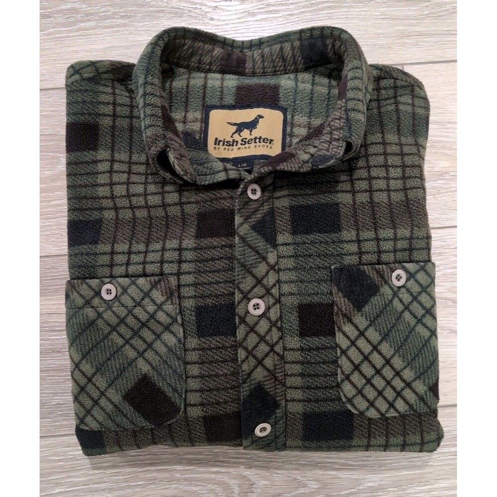 RED WING IRISH SETTER MEN'S Large GREEN PLAID HEAVY FLANNEL SHIRT  EUC